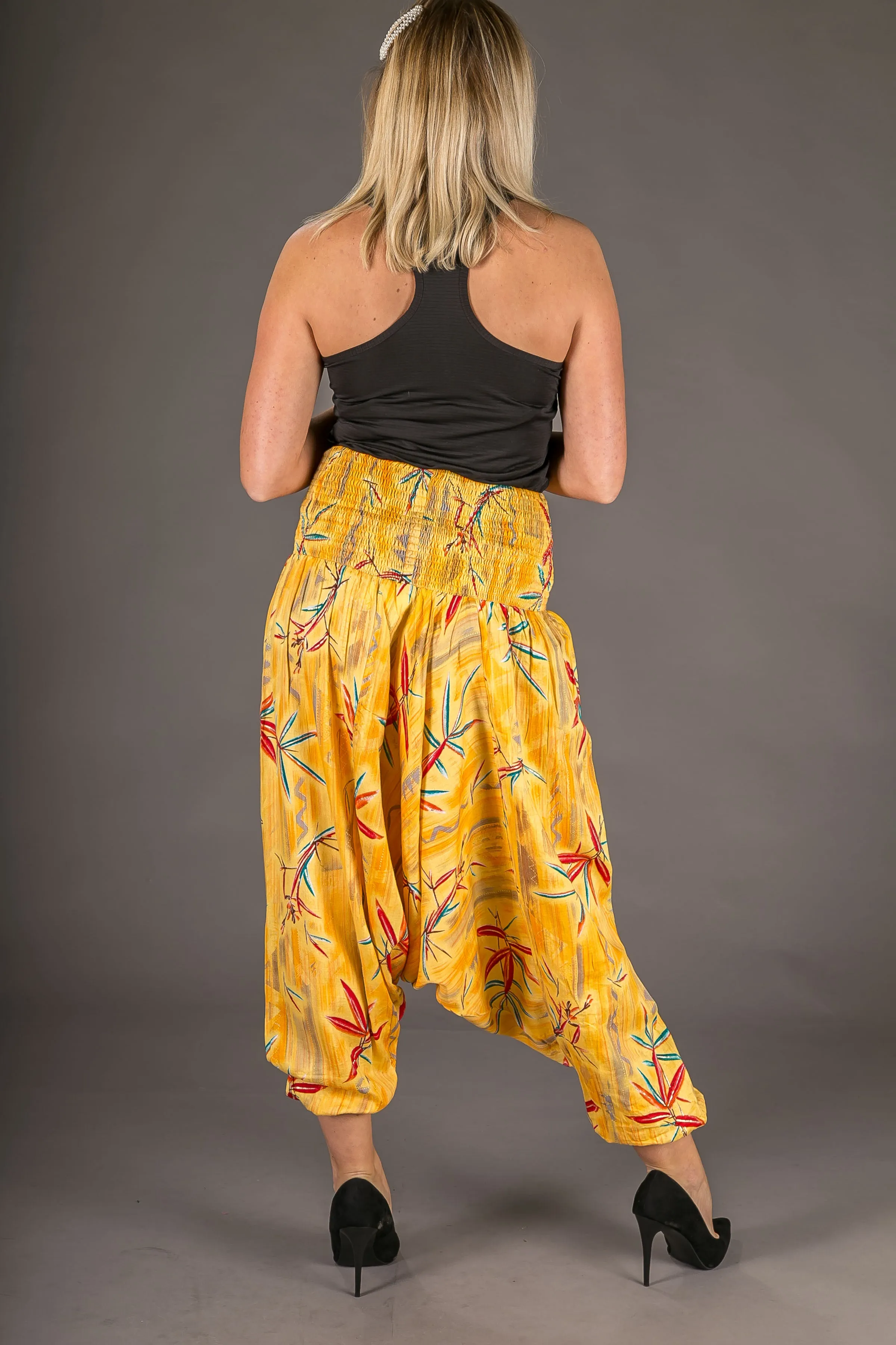 Yellow Floral Chilli Print Cotton Harem Yoga Jumpsuit Pants